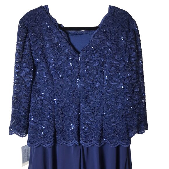 NEW Alex Evenings Women's Navy Sequin Lace Embroidered Tea-Length Dress Sz 14 - Picture 7 of 13